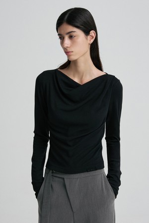 COWL-NECK FITTED LONG-SLEEVE TOP BLACK