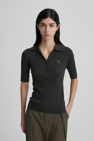 FITTED SHORT-SLEEVE POLO TOP KHAKI GRAY