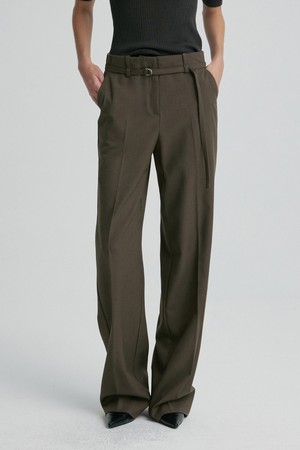 WOOL BLEND BELTED TROUSERS KHAKI BROWN