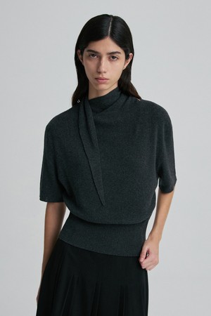 CASHMERE BLEND TIE-NECK KNIT TOP CHARCOAL
