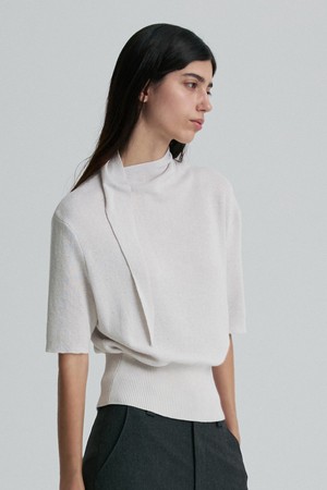 CASHMERE BLEND TIE-NECK KNIT TOP DOVEGRAY
