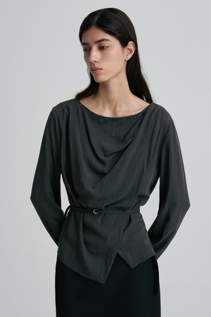 DRAPED COWL-NECK TIE-WAIST TOP CHARCOAL
