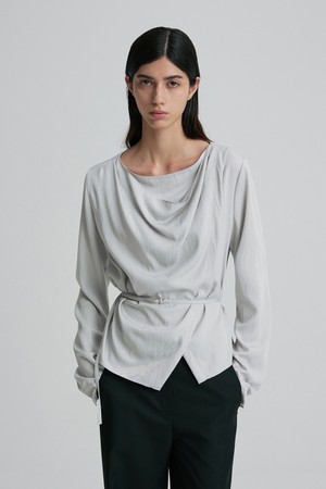 DRAPED COWL-NECK TIE-WAIST TOP ASH GRAY
