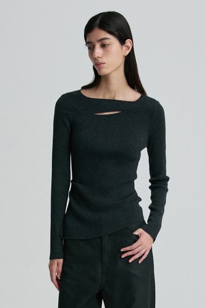 MULTI-SLIT FITTED LONG-SLEEVE TOP CHARCOAL