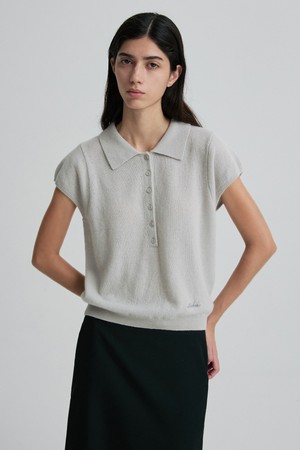 COLLARED CAP-SLEEVE KNIT TOP CLOUD