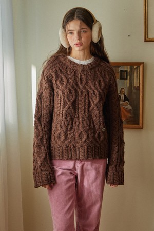 WOOL MULTI CABLE ROUND KNITWEAR_3COLORS_BROWN