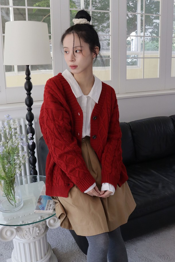 HAINT - 가디건 - KITTEN CABLE CARDIGAN_3COLORS_RED