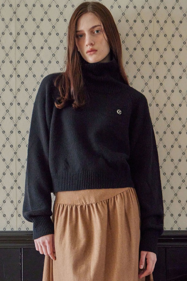 HAINT - 스웨터 - HIGH NECK CROP KNIT_3COLORS_BLACK