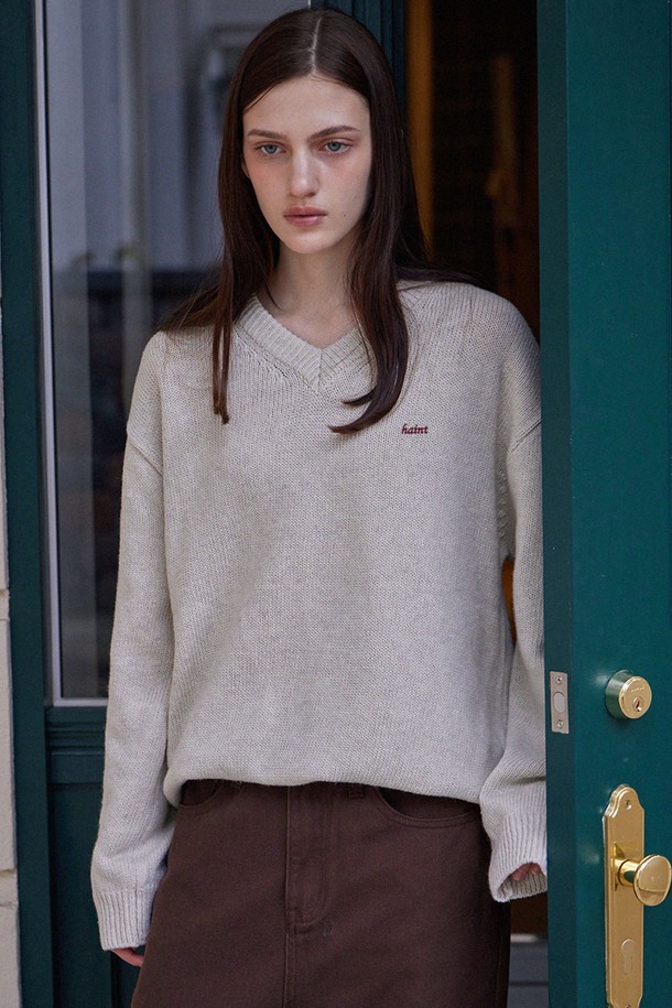 HAINT - 스웨터 - LAMBSWOOL V-NECK KNIT_2COLORS_OATMEAL