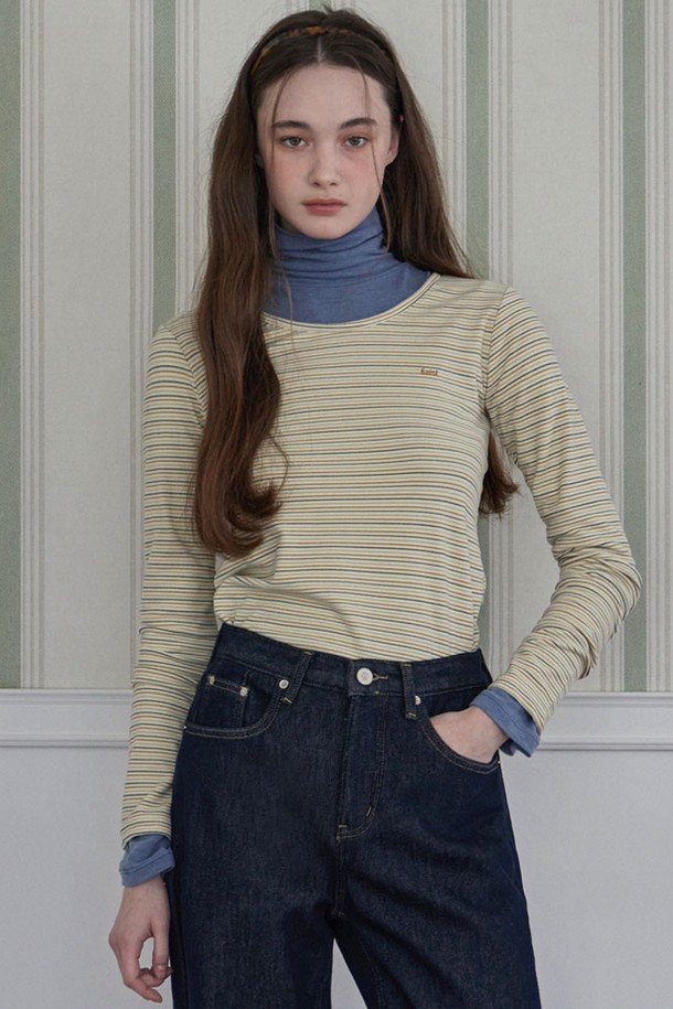 HAINT - 긴소매 티셔츠 - PEACH WOOL STRIPE LONG SLEEVE T-SHIRT