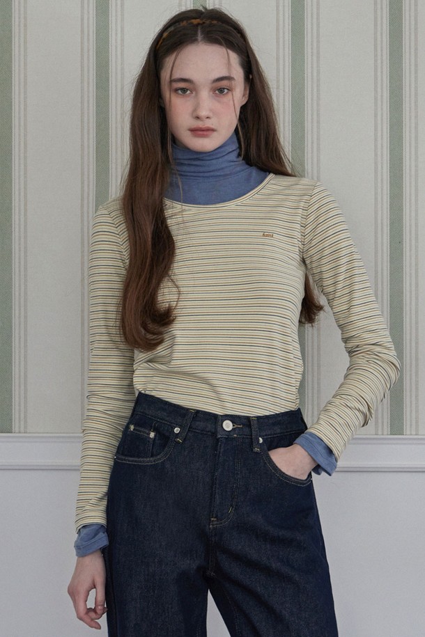 HAINT - 긴소매 티셔츠 - PEACH WOOL STRIPE LONG SLEEVE T-SHIRT