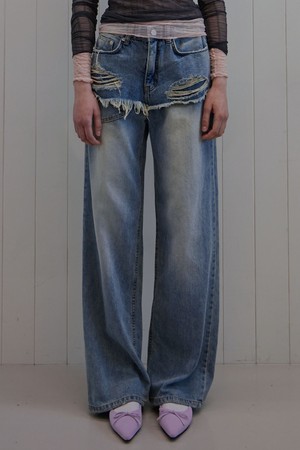 CUT LONG WIDE DENIM PANTS