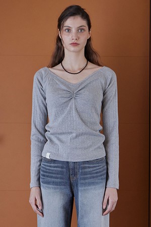 PUNCHING SHIRRING V-NECK TOP_2COLORS_GRAY