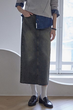 WREN CARGO POCKET DENIM LONG SKIRT_3COLORS_VINTAGE BLUE