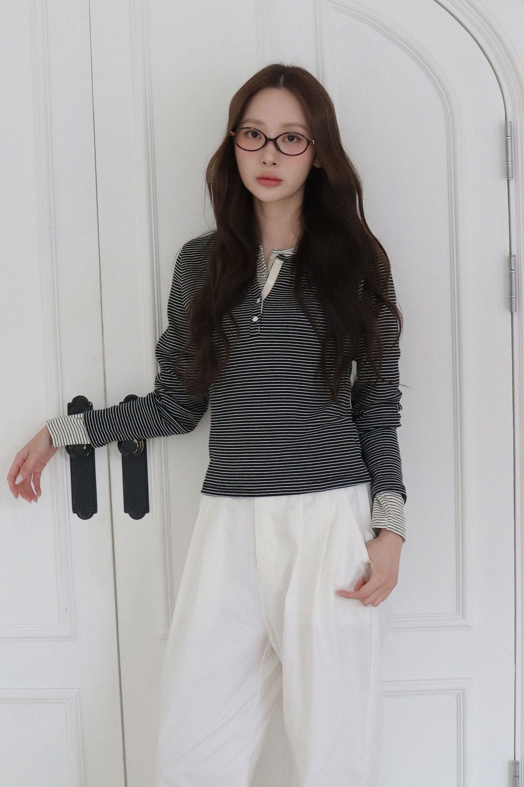 HAINT - 긴소매 티셔츠 - COSY BUTTON ST LONG SLEEVE T_BLACK