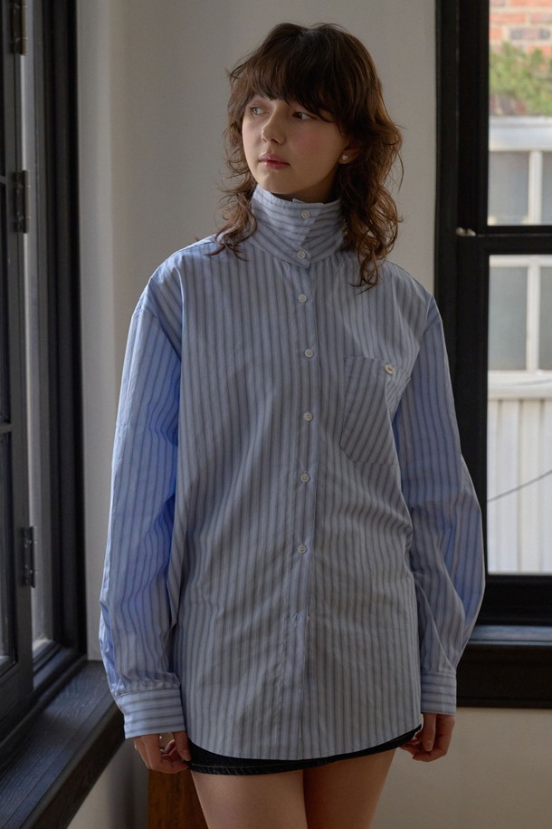 HAINT - 셔츠 - WALES STRIPE HIGH NECK SHIRT