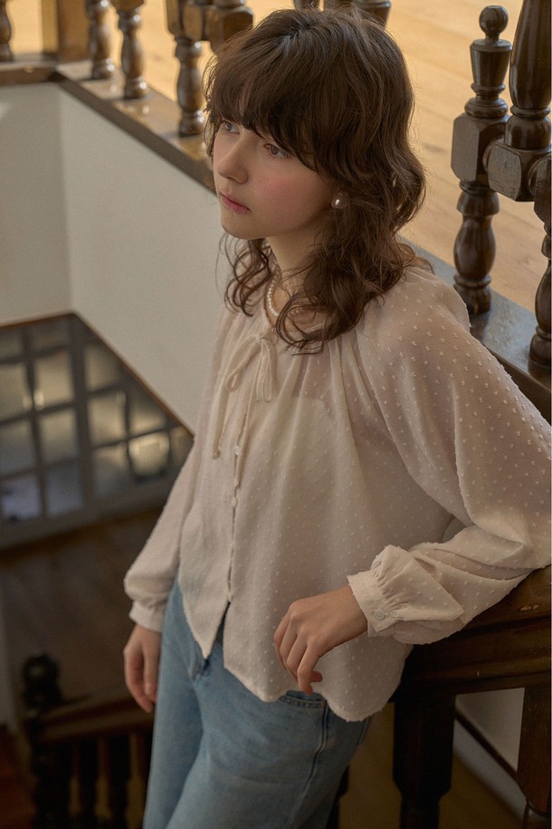 HAINT - 블라우스 - MONE RIBBON SHEER BLOUSE_CREAM