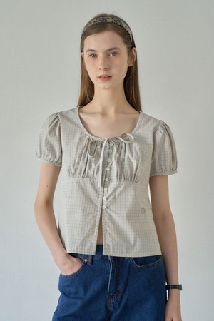 RUBI SHIRRING CHECK BLOUSE_BEIGE
