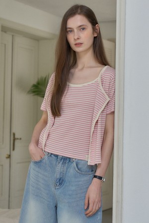 UIE STRIPE SLEEVELESS CARDIGAN SET_PINK
