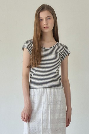 MARI SHIRRING STRIPE T_GRAY
