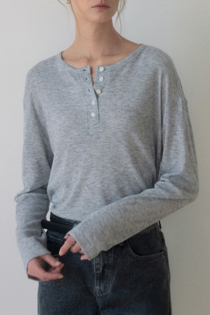 HENLEY NECK WOOL WAFFLE T-SHIRT_LIGHT GRAY
