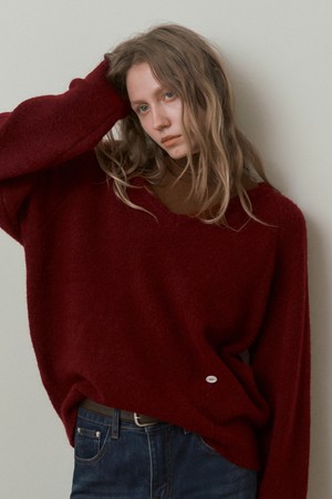 BRUSHED WIDE V-NECK KNIT_BURGANDY