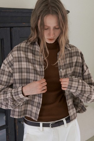 FLUFFY CHECK CROP SHIRTS_BEIGE