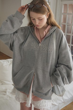 LOOSE FIT EMBROIDERY TWOWAY SWEAT HOODIE ZIP-UP 2COL_GRAY