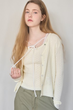EYELET SLEEVELESS CARDIGAN KNIT SET 2COL_CREAM