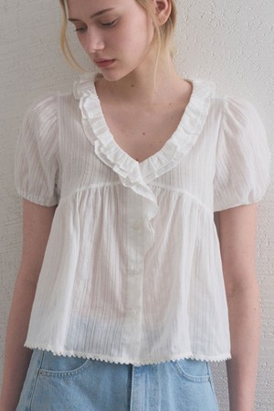 AIRY RUFFLE V NECK BLOUSE 2COL_IVORY