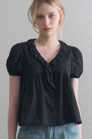 AIRY RUFFLE V NECK BLOUSE 2COL_BLACK
