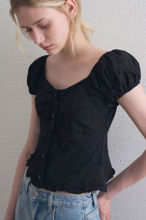 AMIS EYELET OFF SHOULDER PUFF BLOUSE 2COL_BLACK