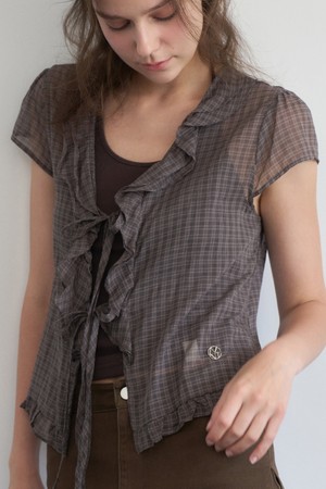CLOVIA CHECK FRILL OPEN BLOUSE 2COL_BROWN