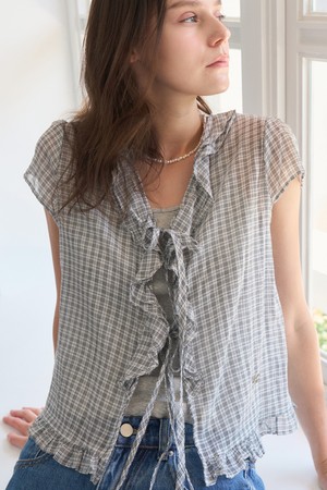 CLOVIA CHECK FRILL OPEN BLOUSE 2COL_IVORY