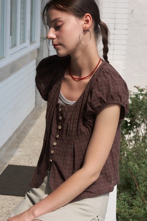 MAYEL CHECK PUFF EMBROIDERY BLOUSE _BROWN