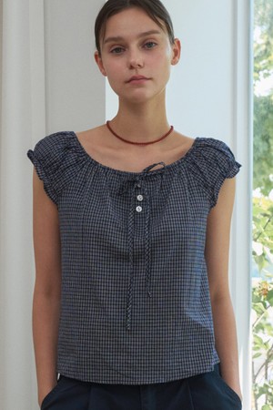LUCET CHECK STRING BUTTON BLOUSE 2COL_NAVY