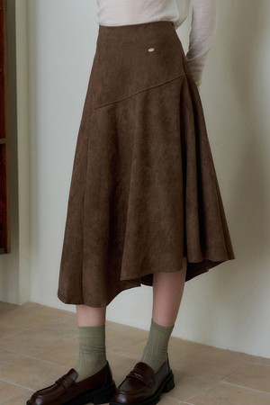 DAREV SUEDE TOUCH ASYMMETRIC FLARE SKIRT 2COL_BROWN