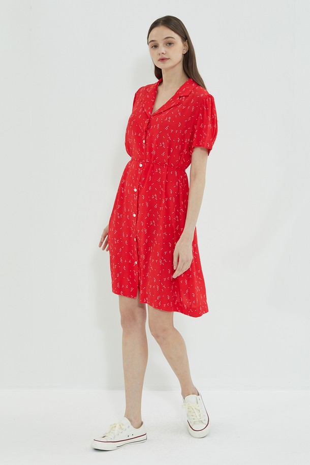 MANAVIS7 - 반소매 원피스 - Heart Collar Shirt Dress Red