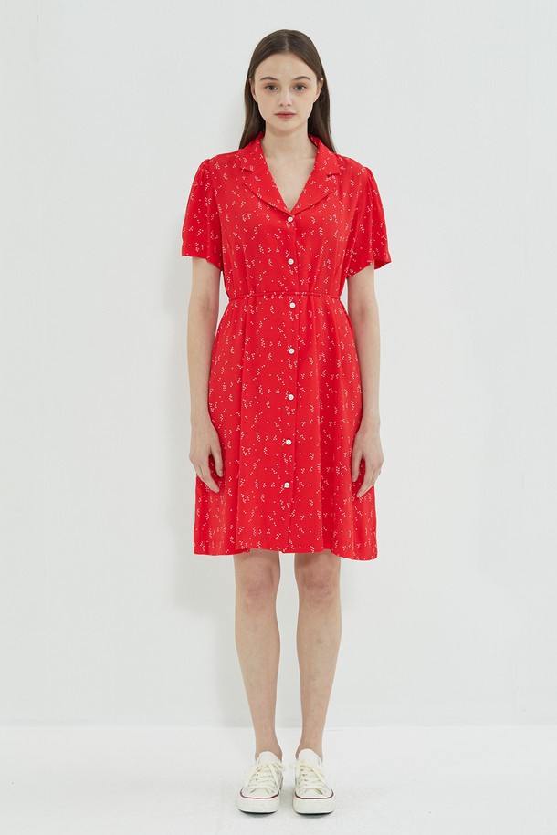 MANAVIS7 - 반소매 원피스 - Heart Collar Shirt Dress Red