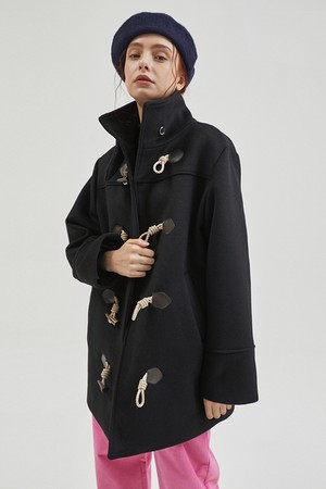 Wool High Neck Toggle Half Coat Black