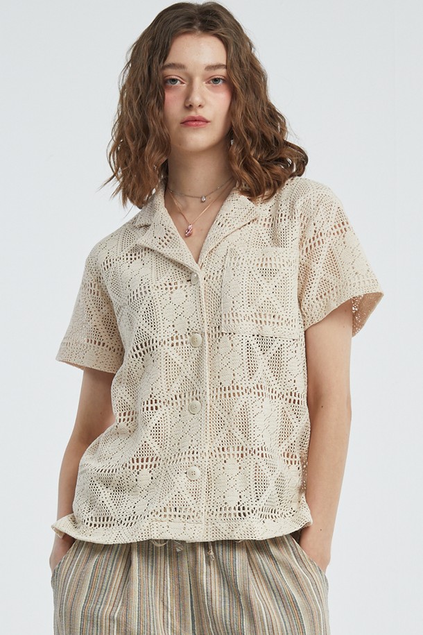 MANAVIS7 - 셔츠 - Punching Open Collar Shirt [Natural]