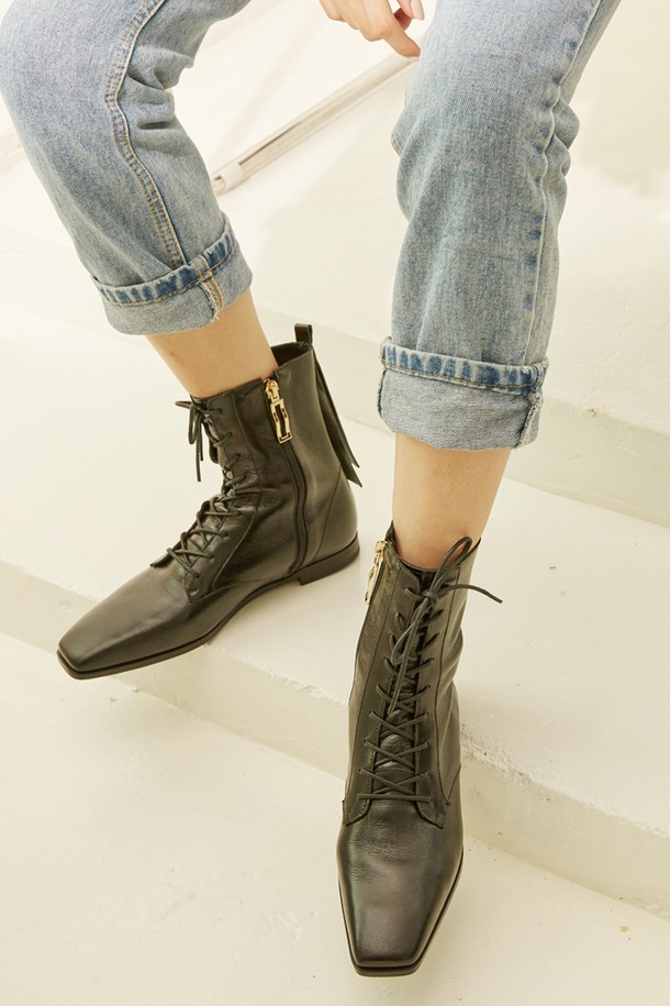 Meiel Dew - 여성 부츠 / 워커 - Square Toe Lace-up Ankle Boots- MD1090b Black