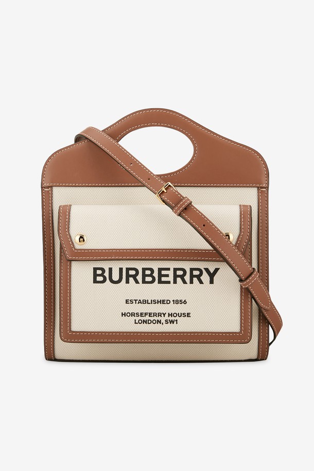 BURBERRY - 토트백 - 버버리 여성 투톤 캔버스 레더 포켓 내추럴/멀티 브라운 토트백 미니 8039361