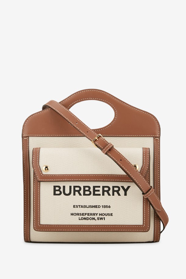 BURBERRY - 토트백 - 버버리 여성 투톤 캔버스 레더 포켓 내추럴/멀티 브라운 토트백 미니 8039361