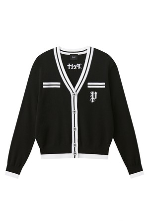 펠트 컬러링 배색 포인트 브이넥 니트 가디건 : 여성용  (PC4KCF338)_BLACK-a