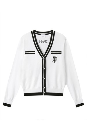 펠트 컬러링 배색 포인트 브이넥 니트 가디건 : 여성용  (PC4KCF338)_WHITE-a