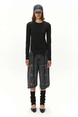 CUBIC EMBROIDERY HALF DENIM / BLACK