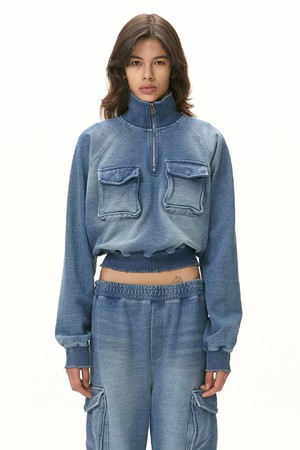 DENIM HALF ZIP-UP SWEATSHIRT / BLUE