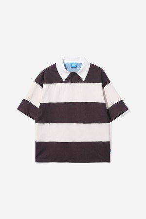 남녀공용 오버핏 럭비 스트라이프 반팔 칼라 티셔츠[DK-BROWN](UB6ST88_57)