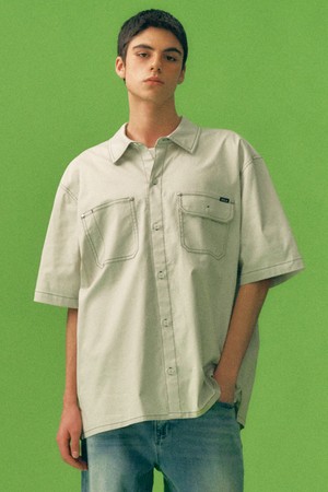 남여공용 코튼 혼방 트윌 반팔 워크셔츠[LT-BEIGE](UB6SS01_23)
